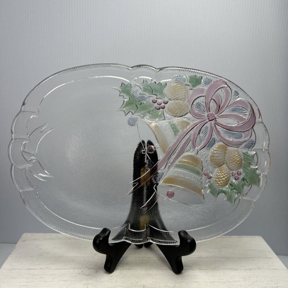 Mikasa Christmas Bells Clear Glass Oval Serving Platter Bow Holly Pinecones 10”